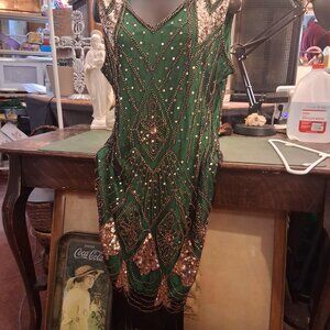 Roaring 20s Flapper Type Green Fringe Sequin Dress XXL STUNNING! NWT !